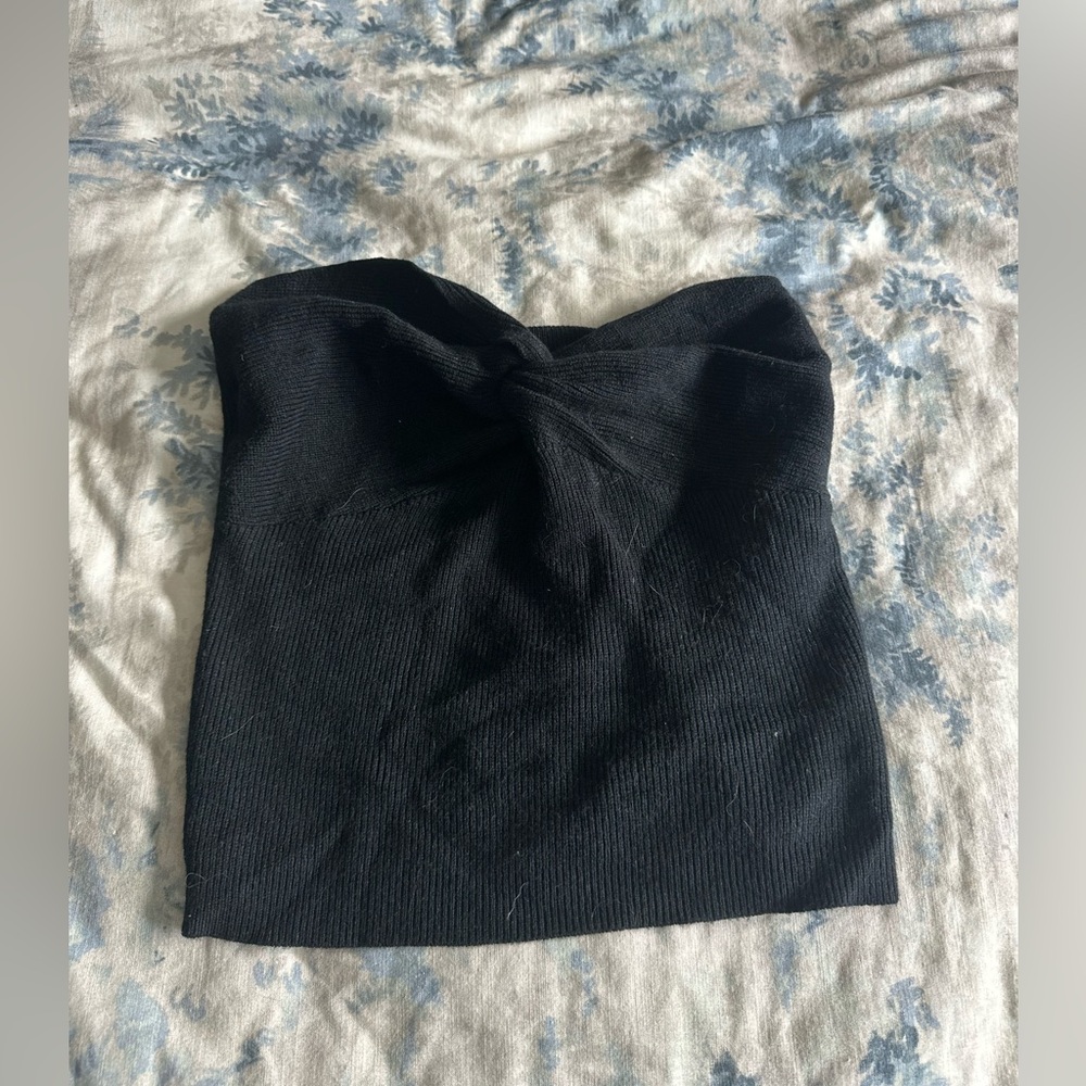 Women’s Black Strapless Knit Tube Top with Twist Detail in Front Size XS